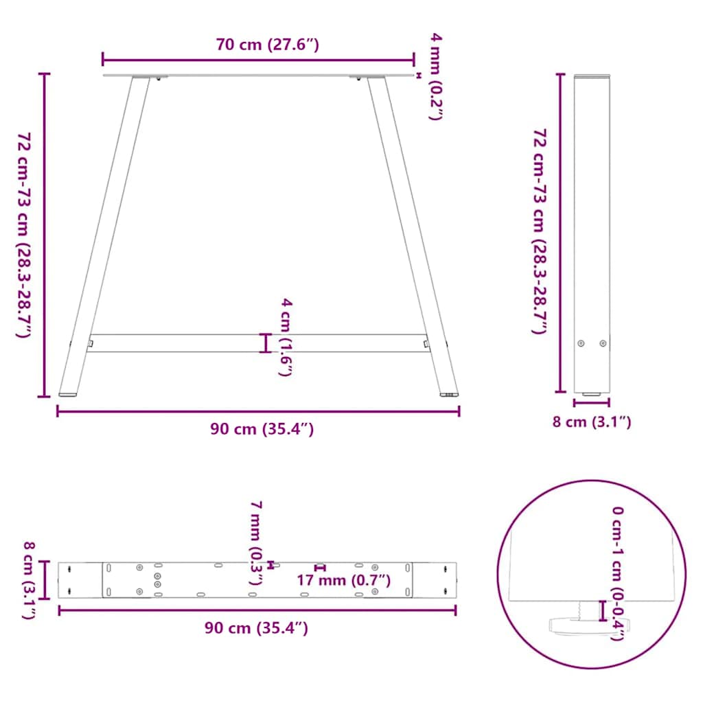 Gambe per tavolo da pranzo a forma di A 2 pz 90x(72-73) cm in acciaio