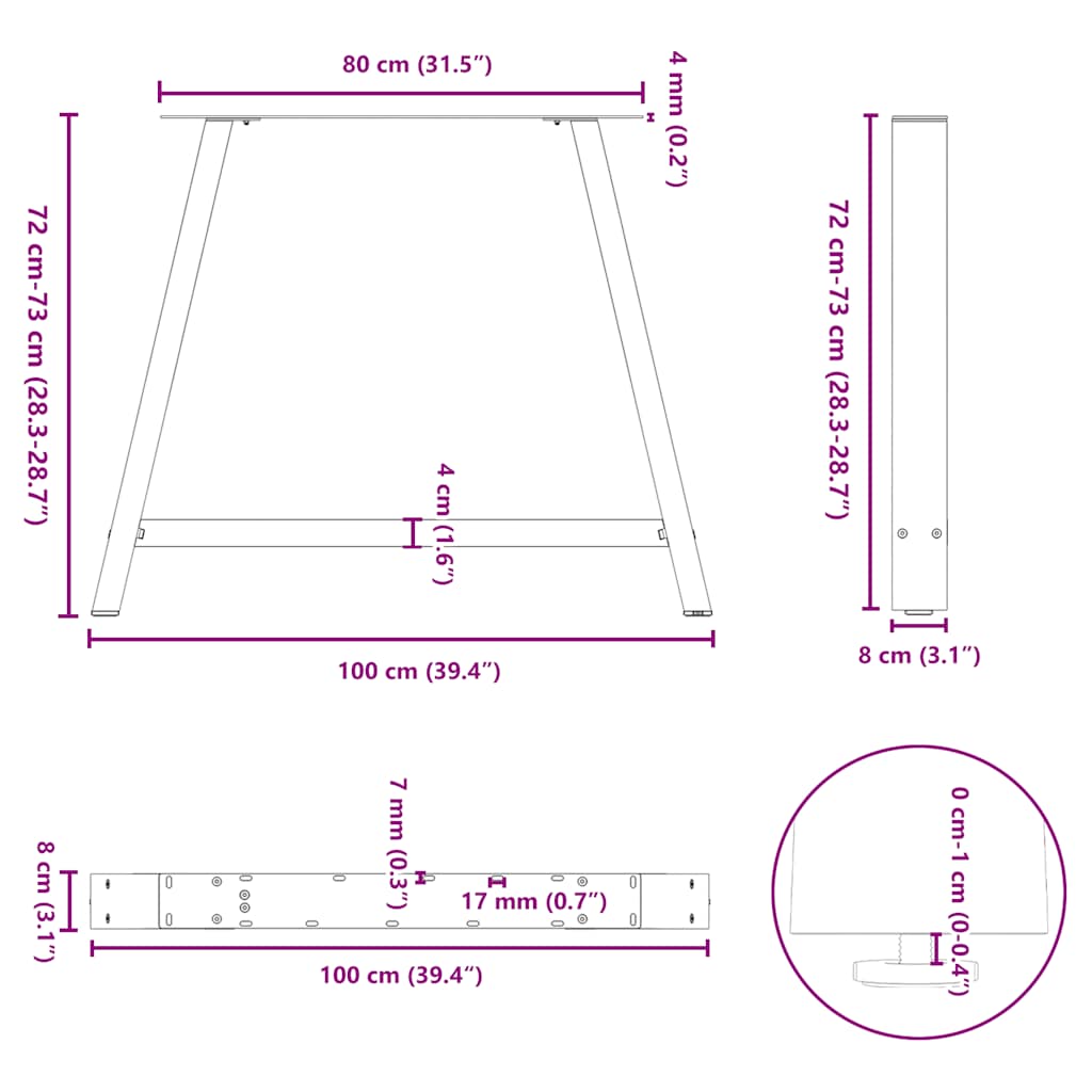 Gambe per tavolo da pranzo a forma di A 2 pz 100x(72-73) cm in acciaio | homemem39