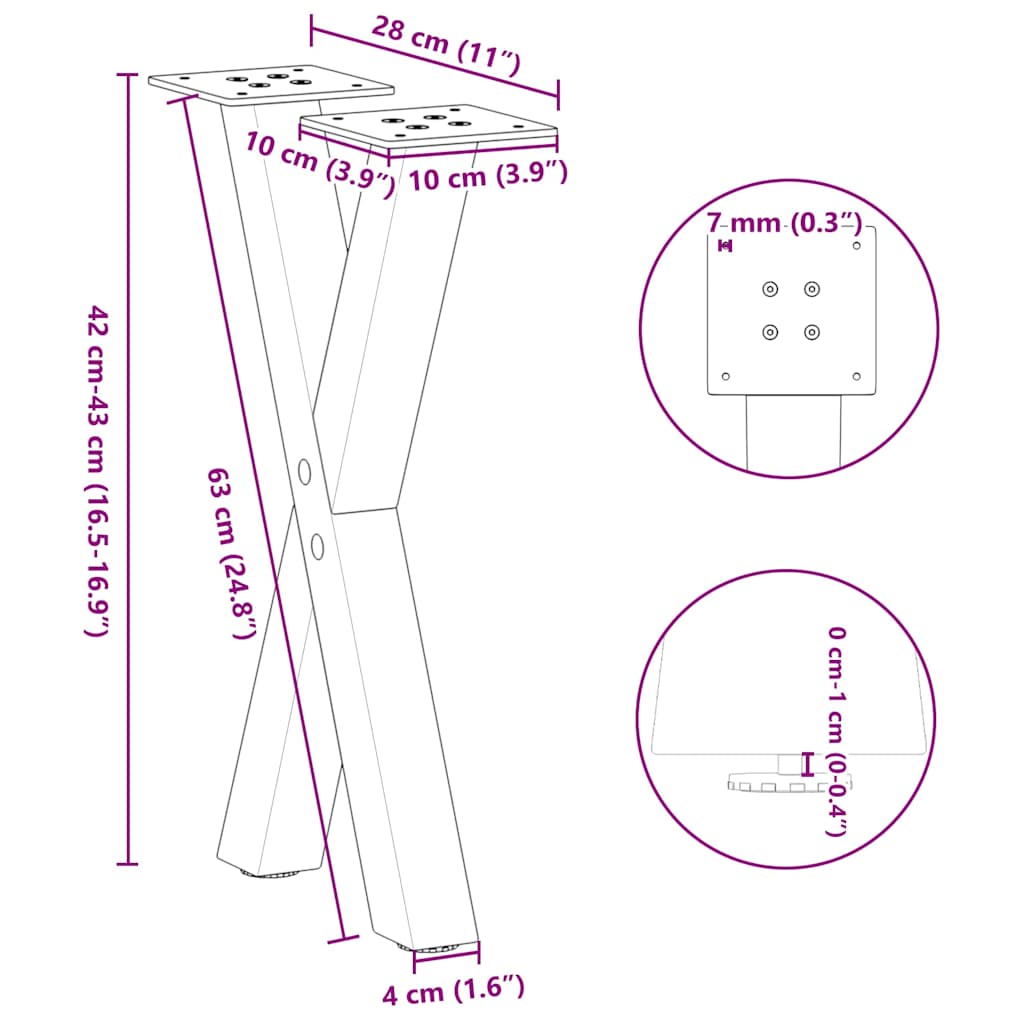 Gambe per Tavolino da Caffè forma X 2 pz Naturale 28x(42-43) cm
