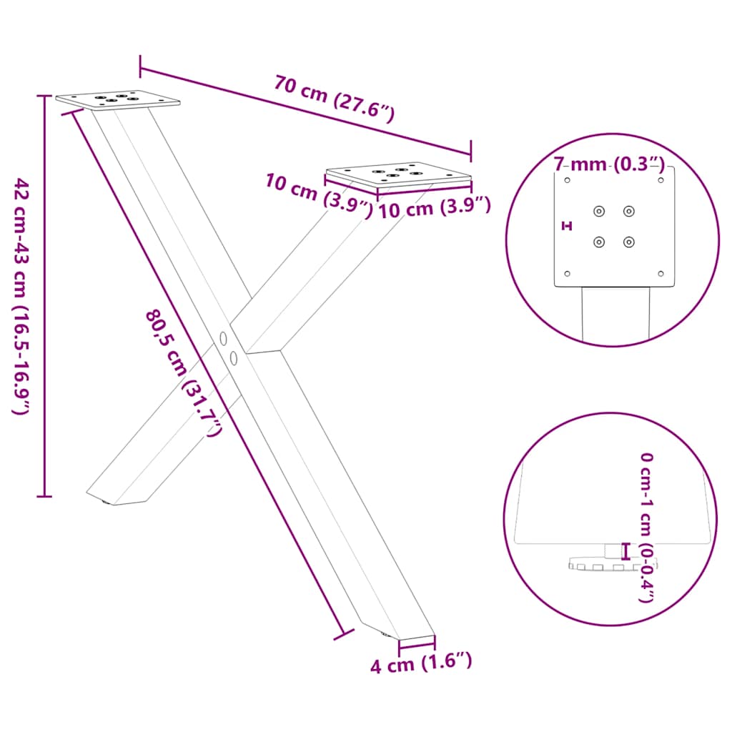 Gambe per Tavolino da Caffè forma X 2 pz Antracite 70x(42-43)cm