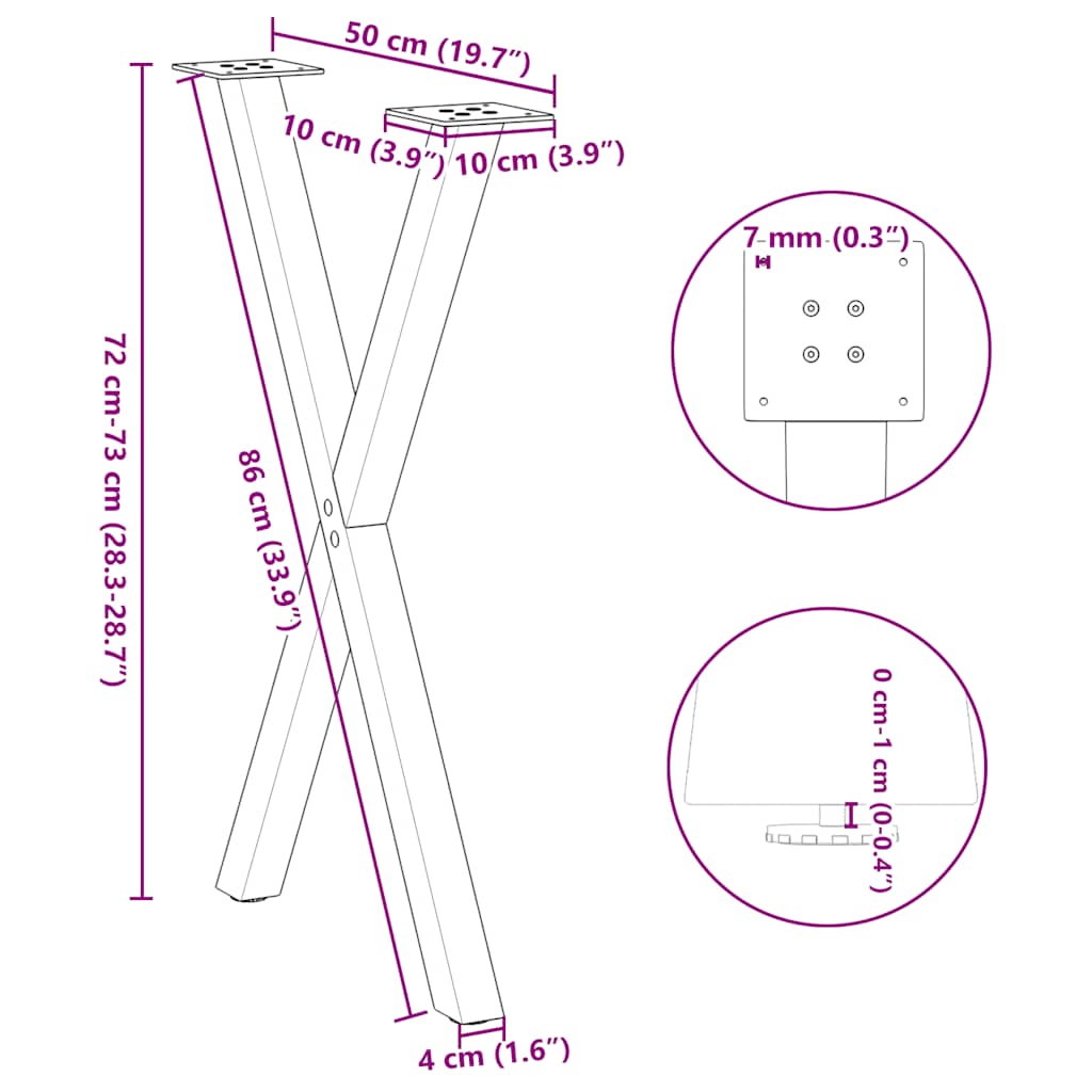 Gambe per tavolo da pranzo a forma di X 2 pz in acciaio naturale 50x(72-73) cm | homemem39