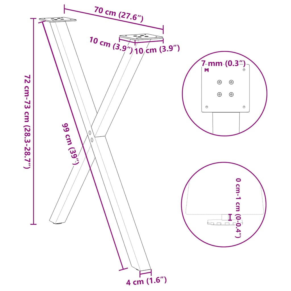 Gambe per tavolo da pranzo a forma di X 2 pz in acciaio naturale 70x(72-73) cm | homemem39
