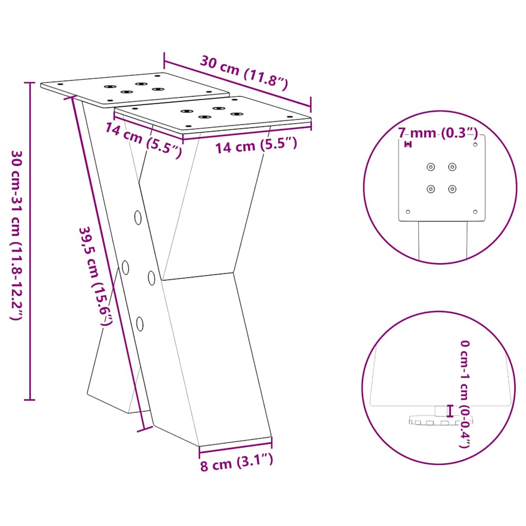 Gambe per Tavolino da Caffè forma X 2 pz Antracite 30x(30-31)cm