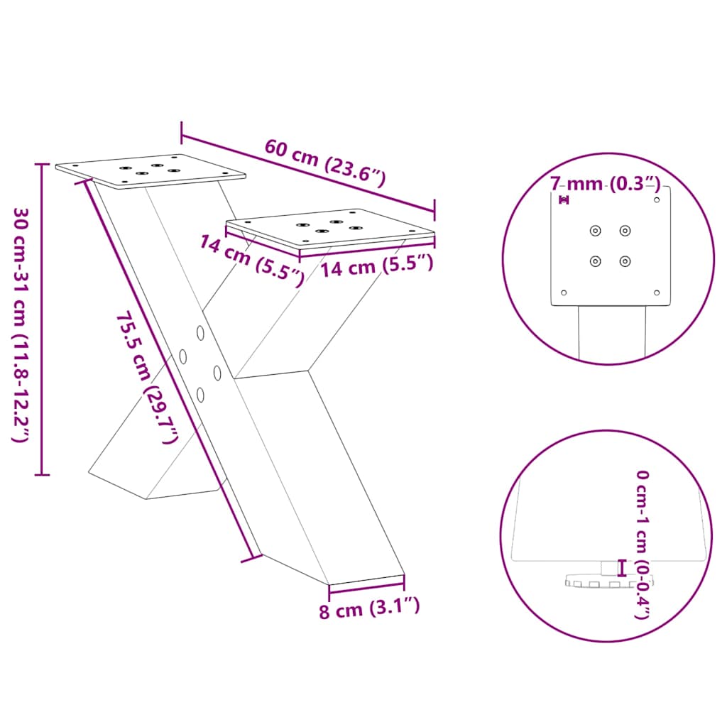 Gambe per Tavolino da Caffè forma X 2 pz Antracite 60x(30-31)cm
