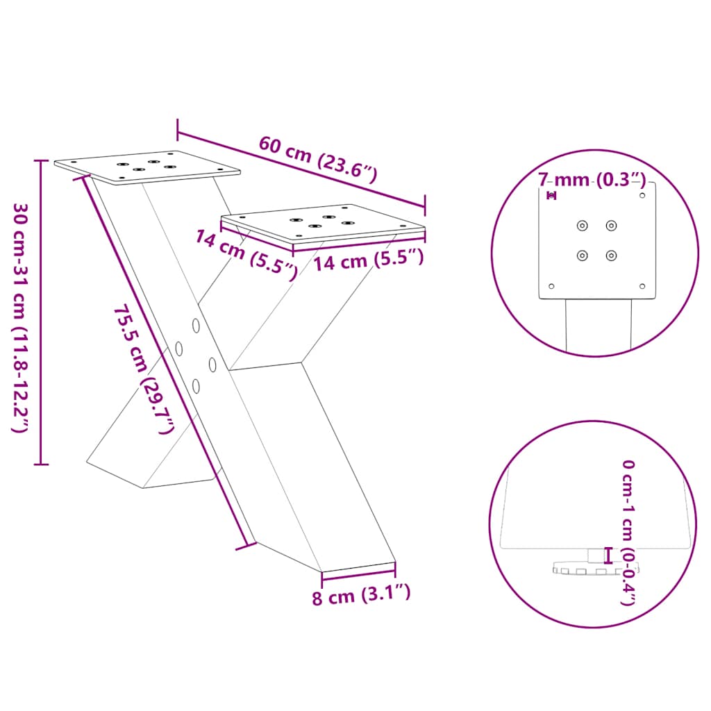 Gambe per Tavolino da Caffè forma X 2 pz Naturale 60x(30-31) cm