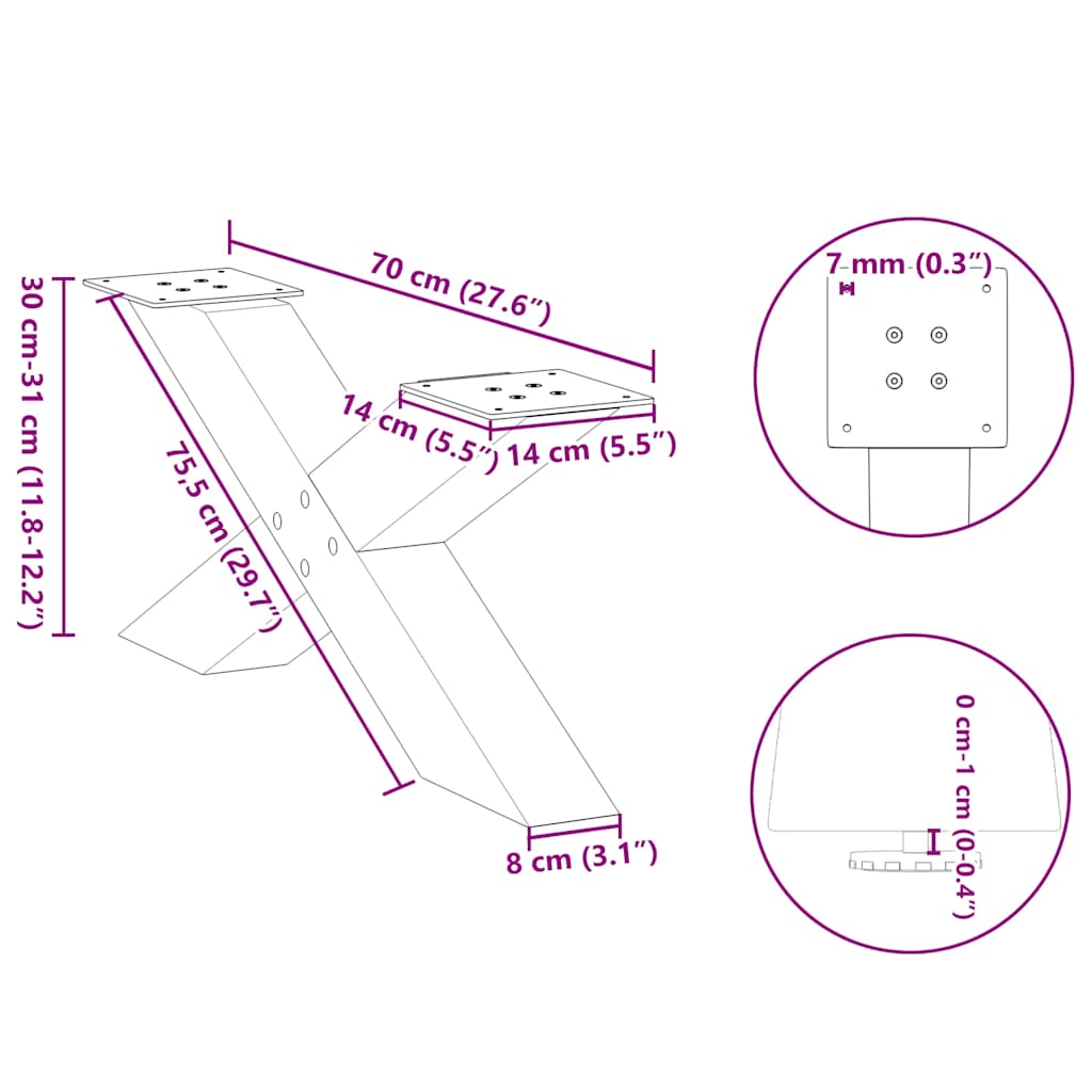 Gambe per Tavolino da Caffè a Forma di X 2 pz Nere 70x(30-31)cm