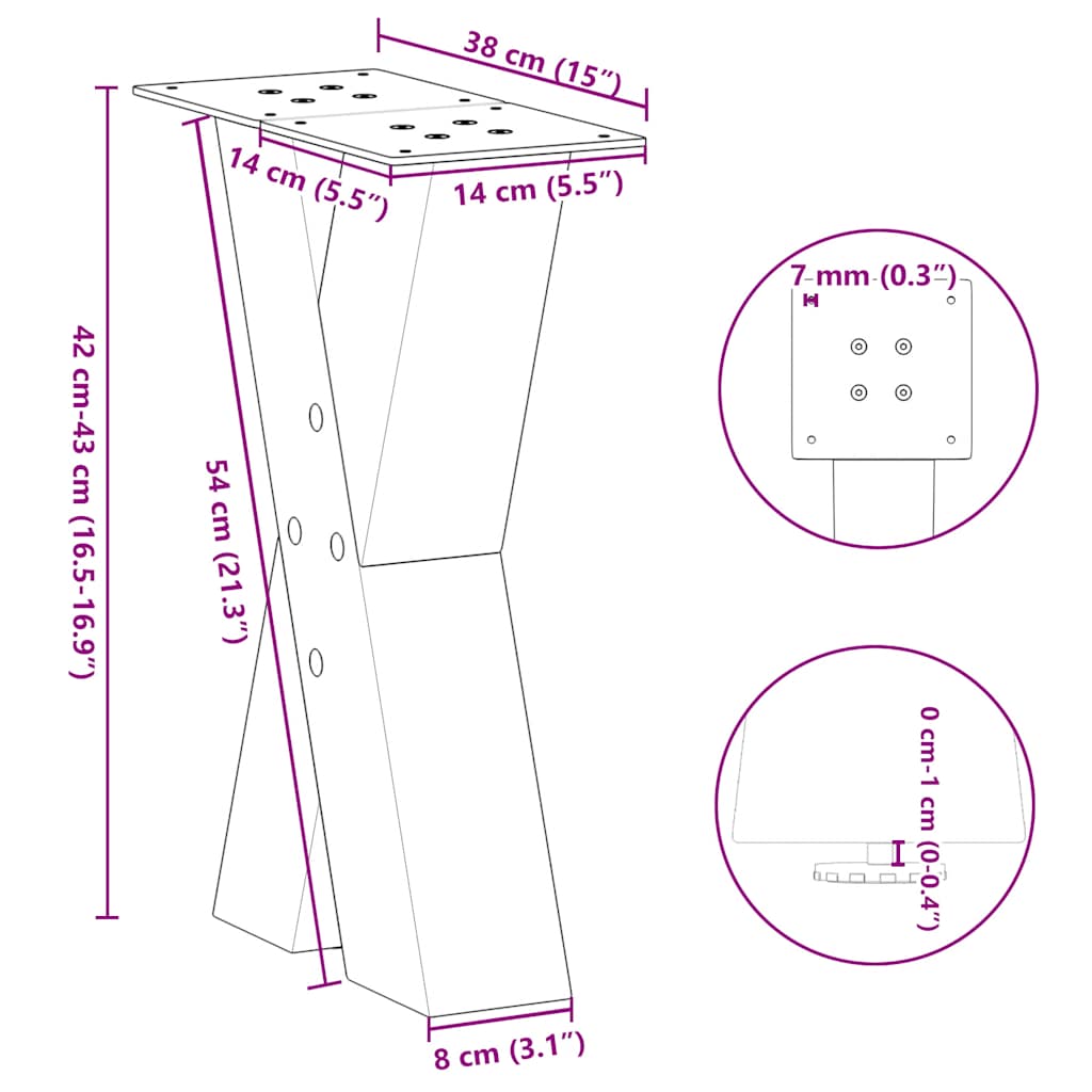 Gambe per Tavolino da Caffè forma X 2 pz Antracite 38x(42-43)cm