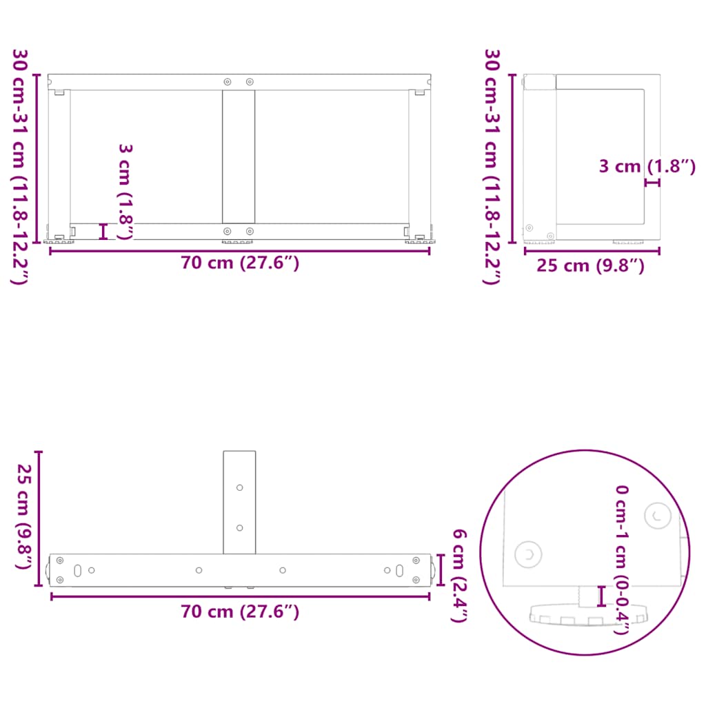 Gambe per Tavolino da Caffè forma T 2 pz Nere 70x25x(30-31) cm