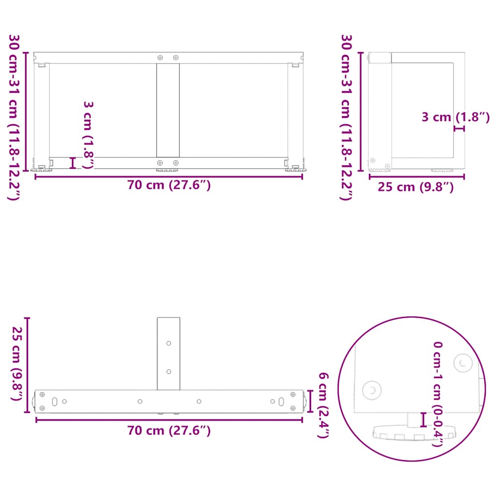 Gambe per Tavolino da Caffè a Forma di T 2 pz Bianche 70x25x(30-31) cm Acciaio | homemem39