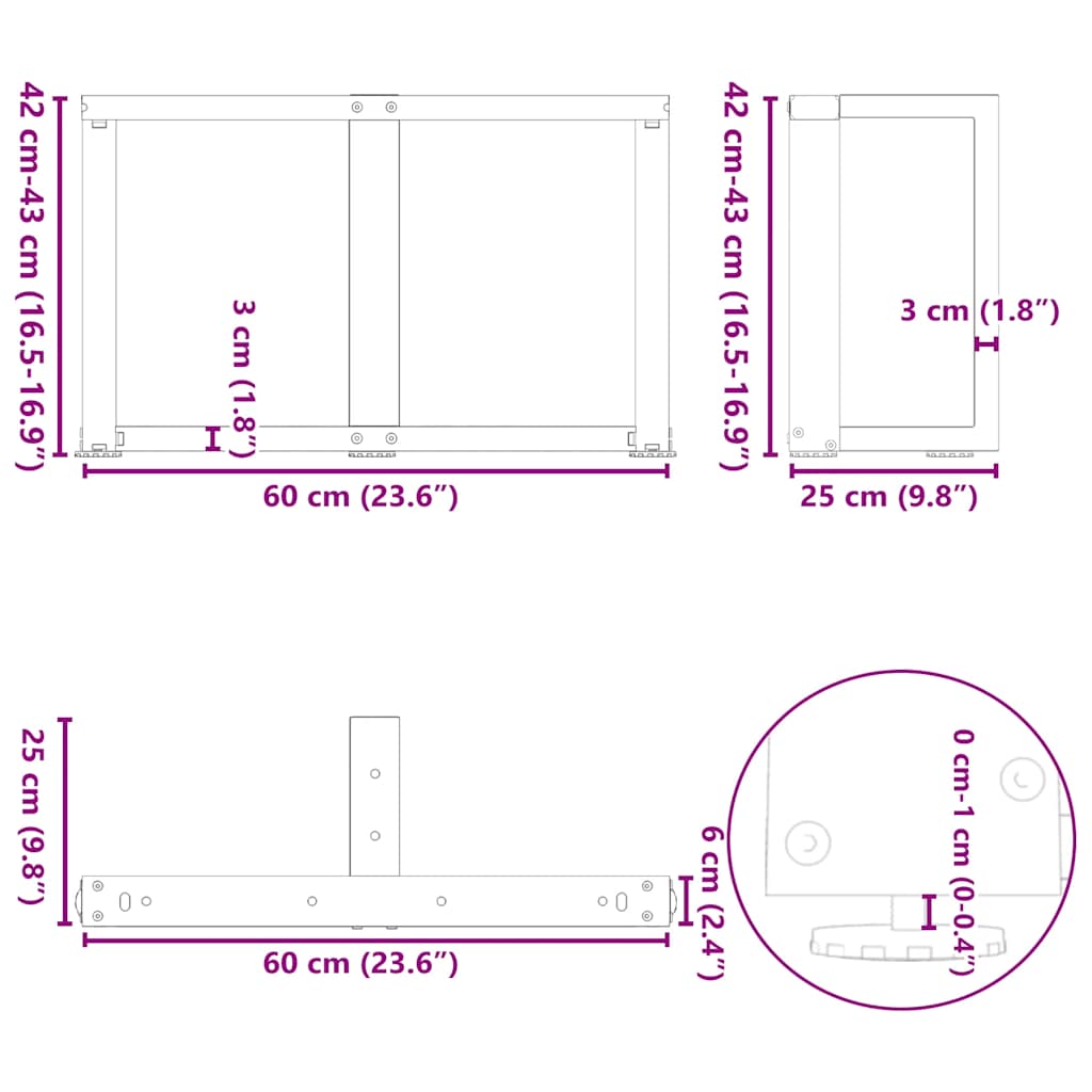 Gambe Tavolino da Caffè forma T 2 pz Antracite 60x25x(42-43) cm