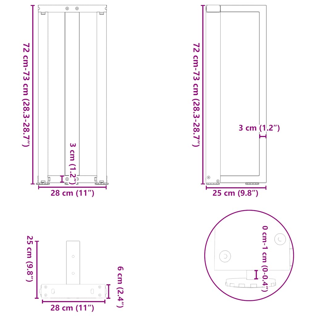Gambe per Tavolo Consolle forma T 2 pz Nere 25x28x(72-73) cm