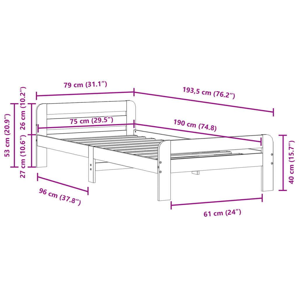 Letto senza Materasso Marrone Cera 75x190 cm in Legno di Pino | homemem39