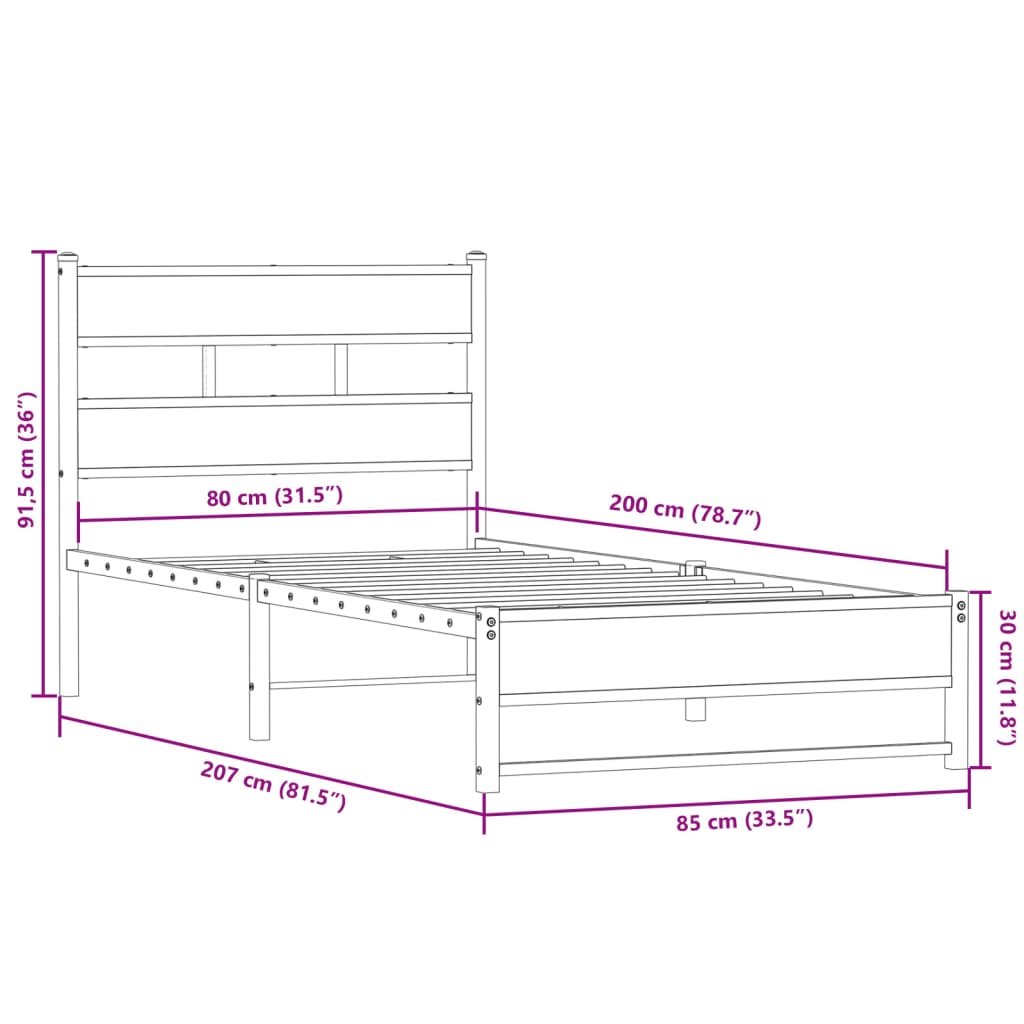 Giroletto senza Materaso in Metallo Rovere Sonoma 80x200 cm | homemem39