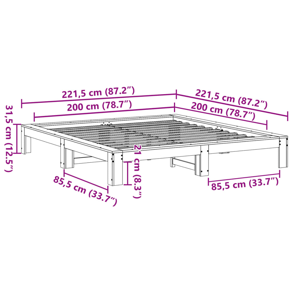 Letto senza Materasso 200x200 cm in Legno Massello di Pino | homemem39