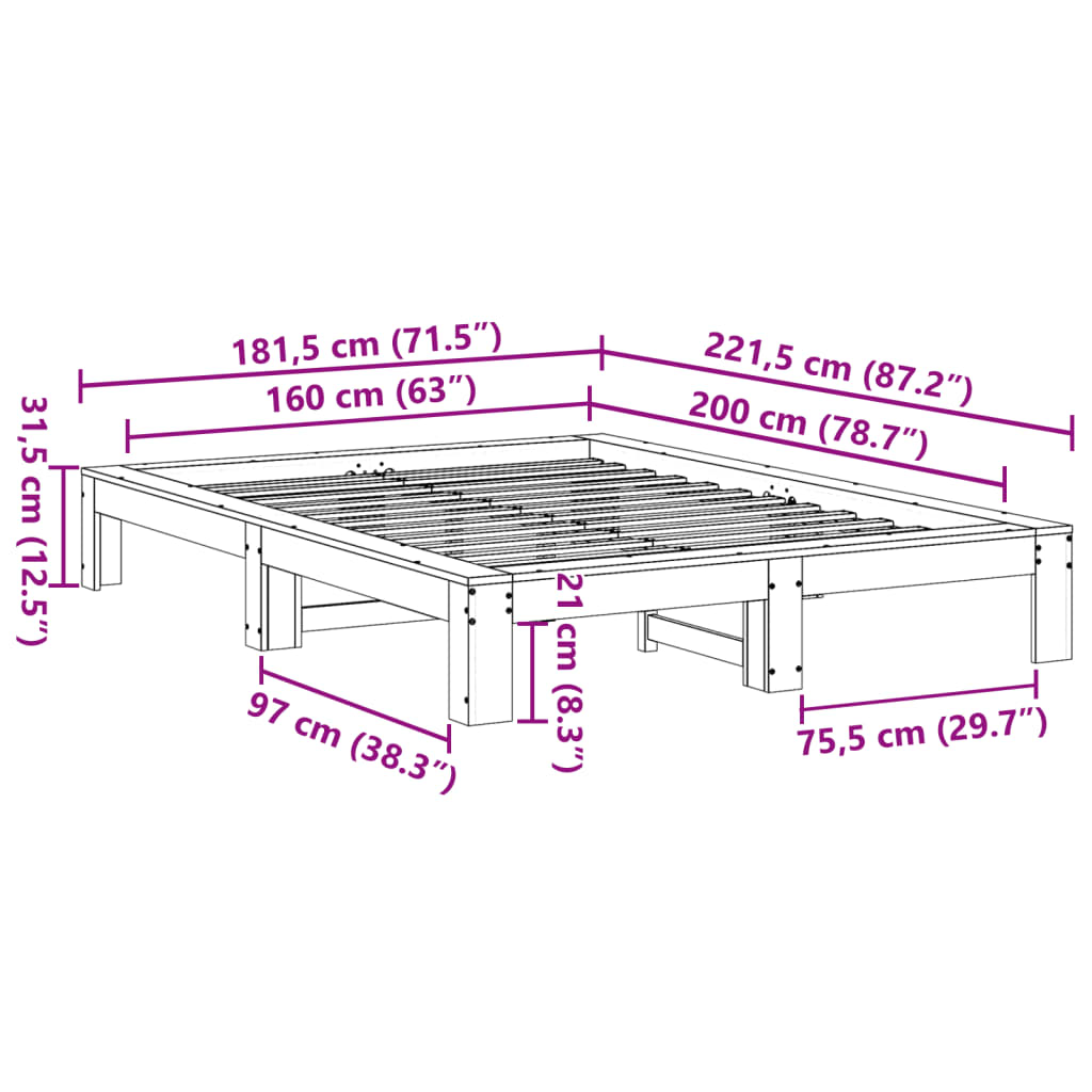 Letto senza Materasso Marrone Cera 160x200 cm in Legno di Pino | homemem39