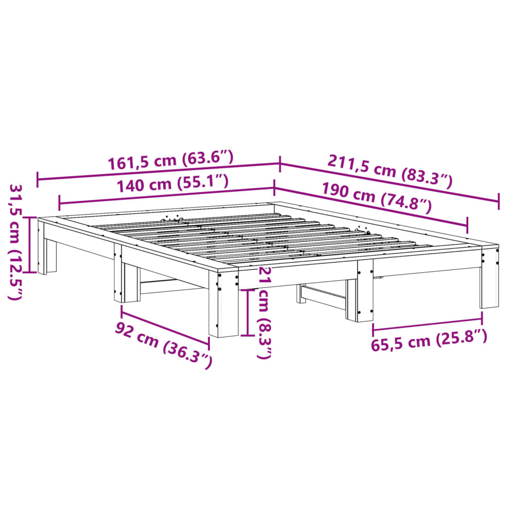 Letto senza Materasso Bianco 140x190 cm Legno Massello di Pino | homemem39