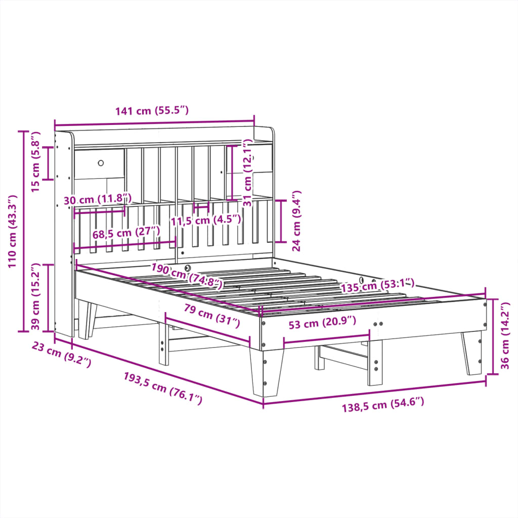 Letto senza Materasso 135x190 cm in Legno Massello di Pino | homemem39