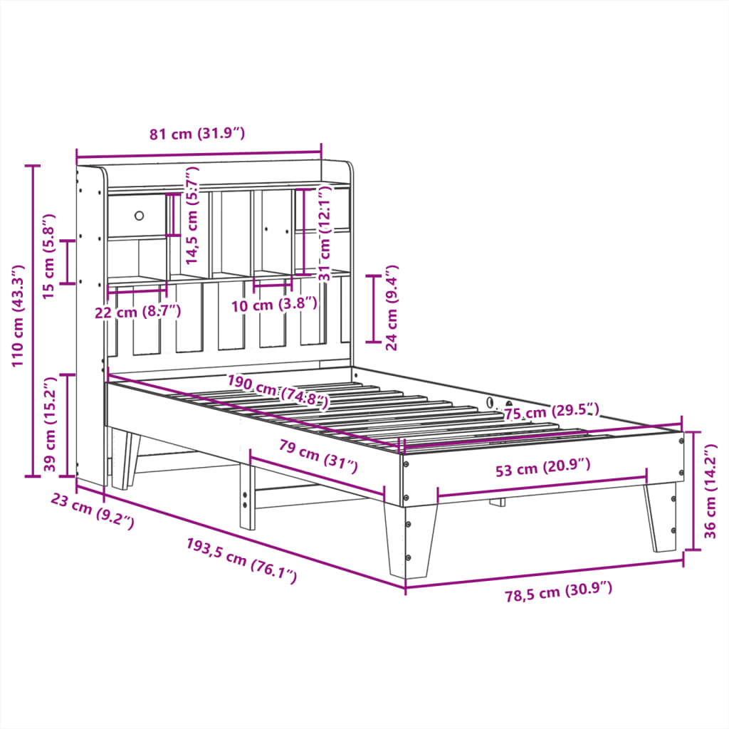 Letto senza Materasso Marrone Cera 75x190 cm in Legno di Pino | homemem39