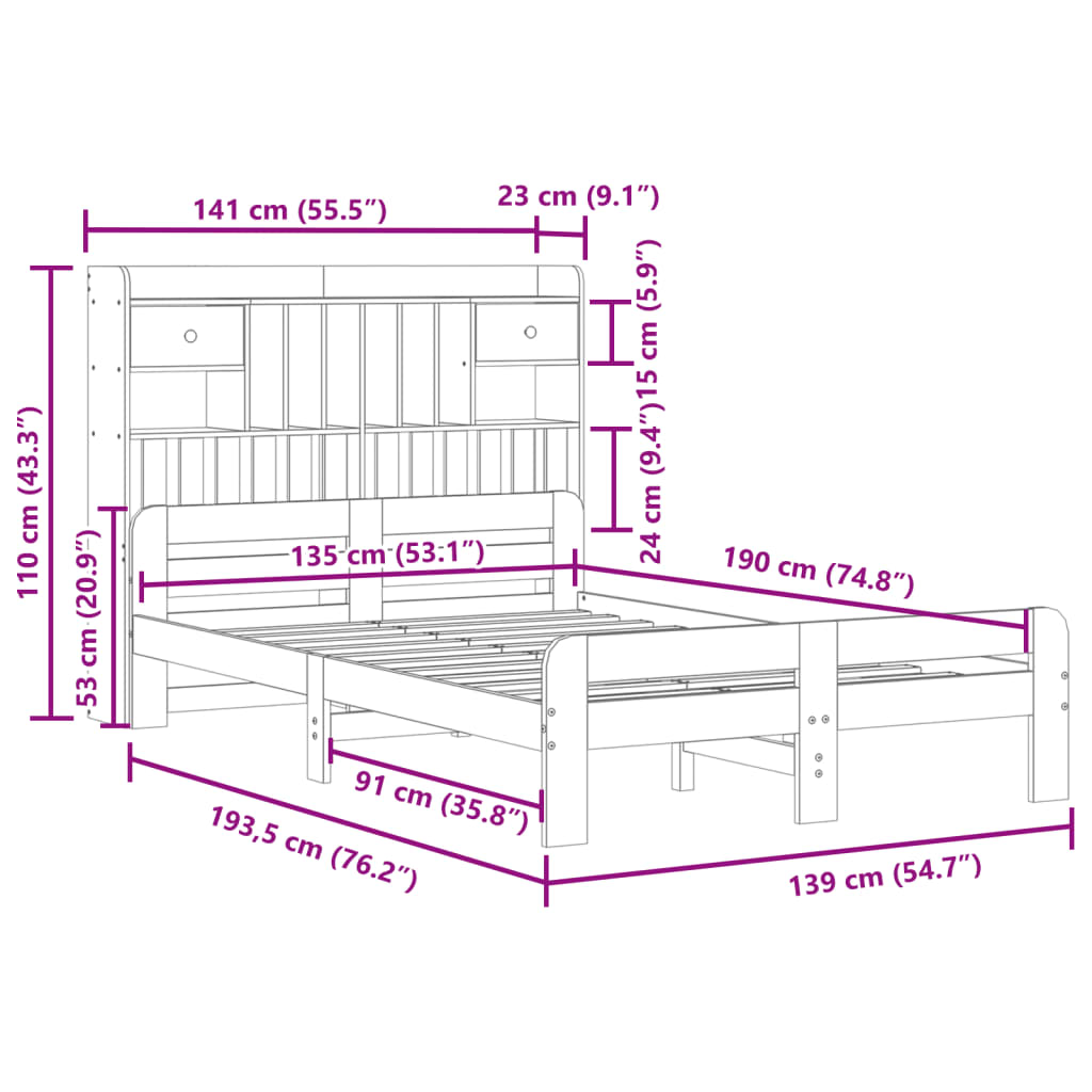Letto Libreria senza Materasso Bianco 135x190 cm Legno di Pino | homemem39