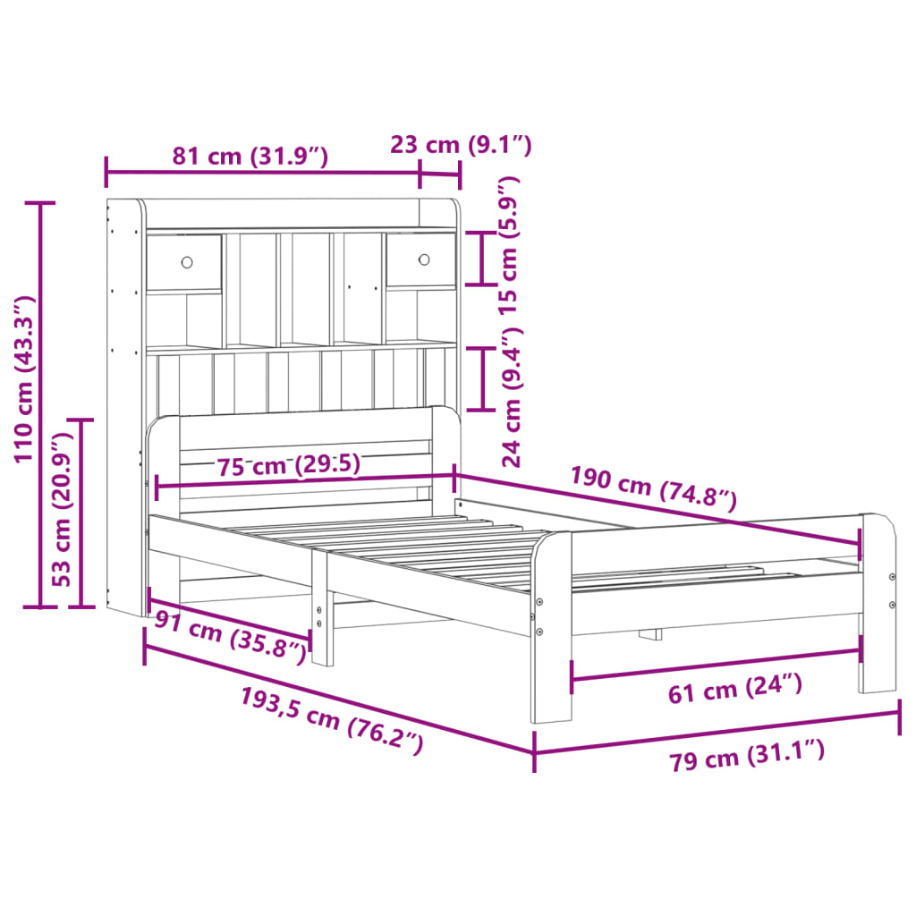 Letto Libreria senza Materasso Marrone Cera 75x190 cm in Pino | homemem39
