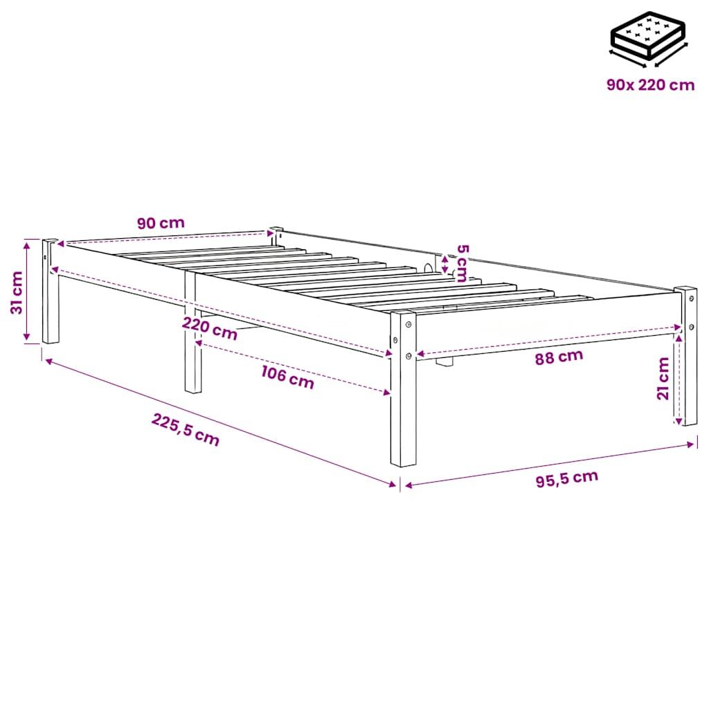 Letto Extra Lungo senza Materasso 90x220 cm in Legno di Pino