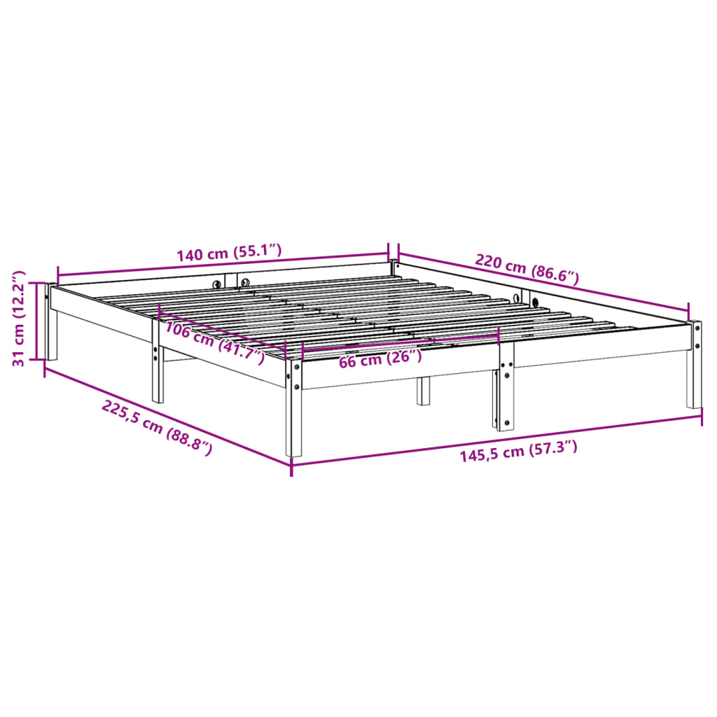 Letto Extra Lungo senza Materasso Bianco 140x220 cm in Pino | homemem39