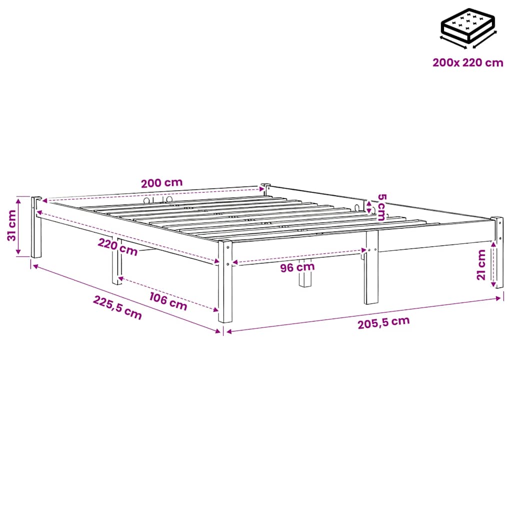 Letto Extra Lungo senza Materasso 200x220 cm in Legno di Pino