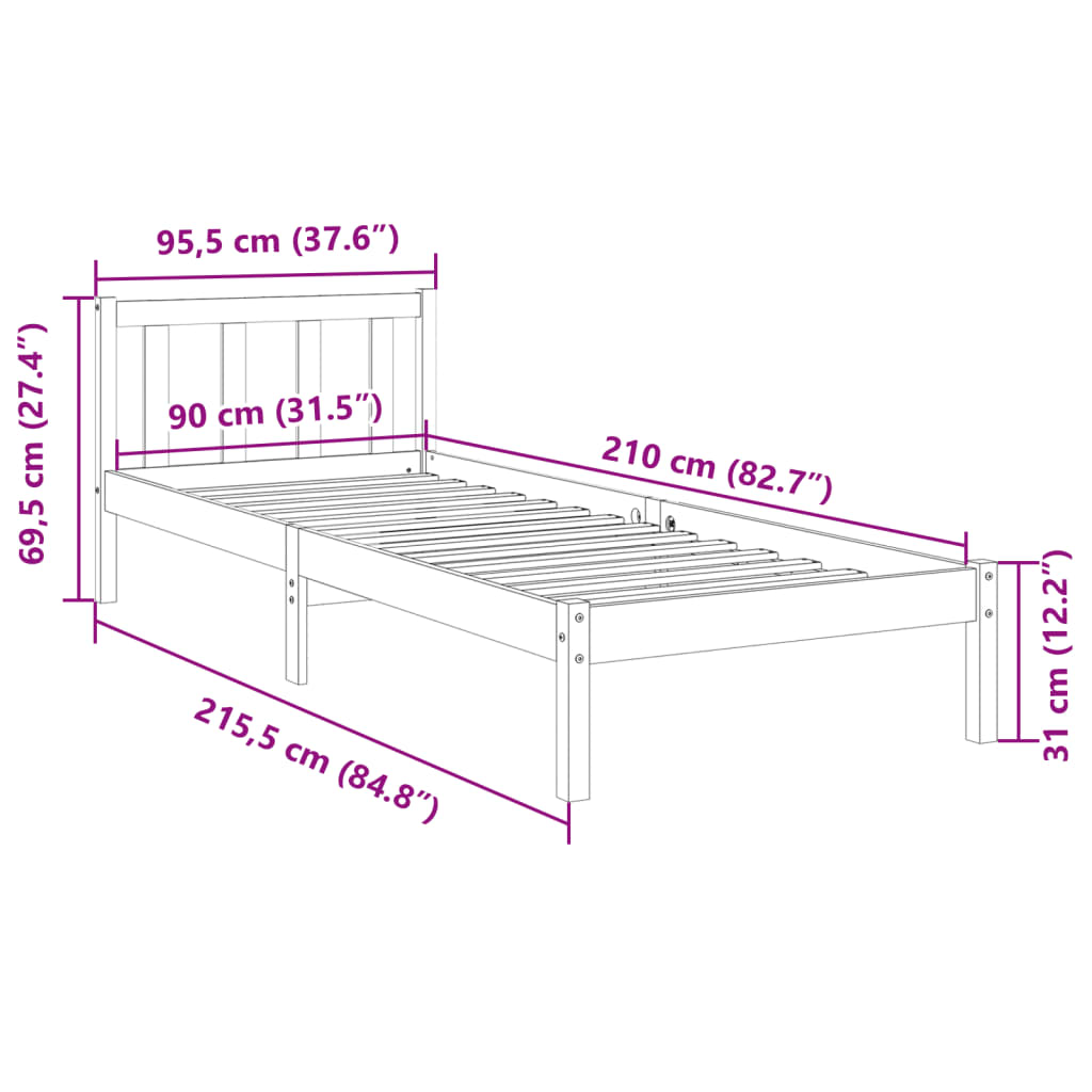 Letto Extra Lungo senza Materasso 90x210 cm in Legno di Pino - homemem39