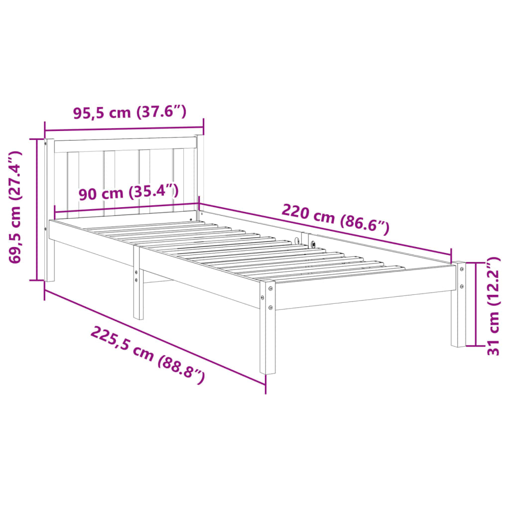 Letto Extra Lungo senza Materasso Bianco 90x220 cm in Pino - homemem39
