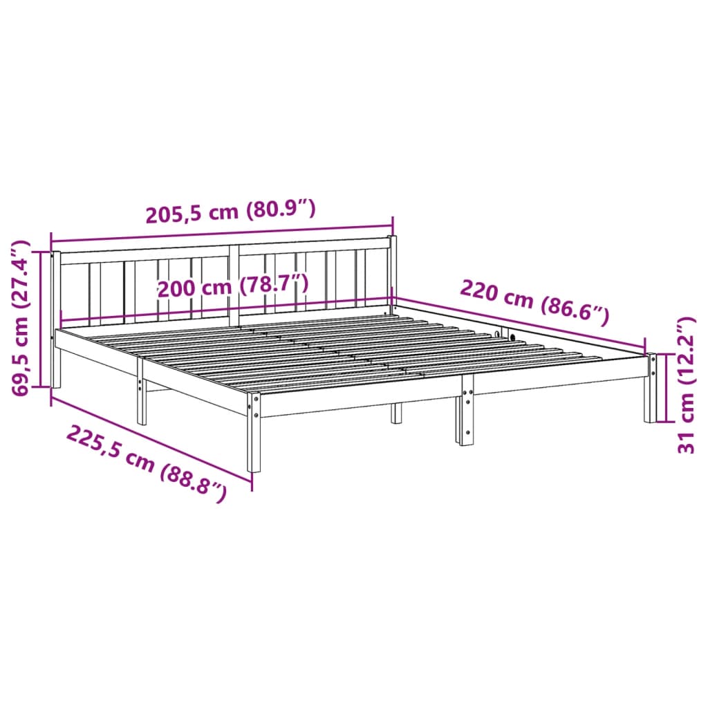 Letto Extra Lungo senza Materasso 200x220 cm in Legno di Pino