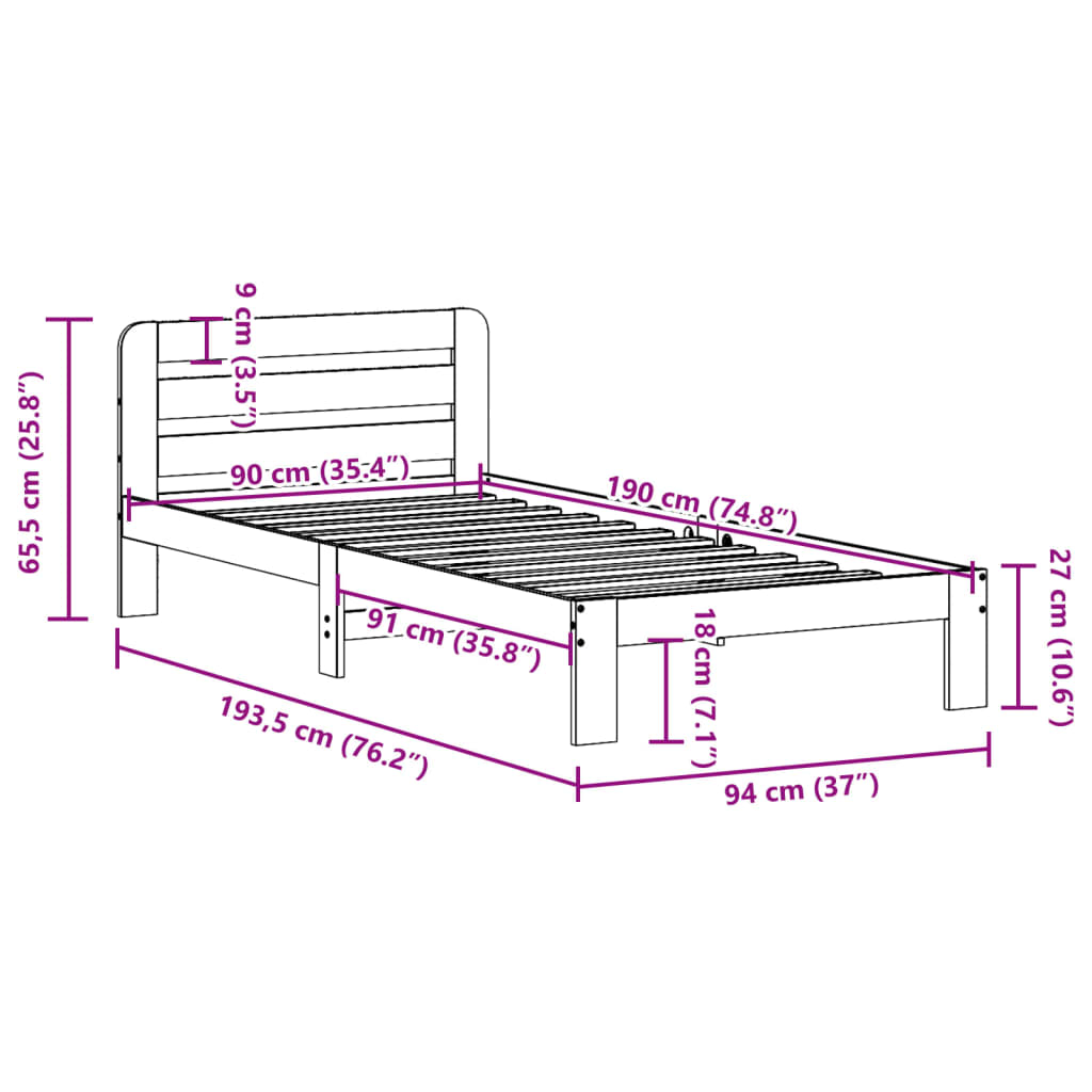 Letto senza Materasso Marrone Cera 90x190 cm in Legno di Pino | homemem39