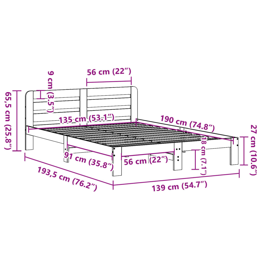Letto senza Materasso 135x190 cm in Legno Massello di Pino | homemem39