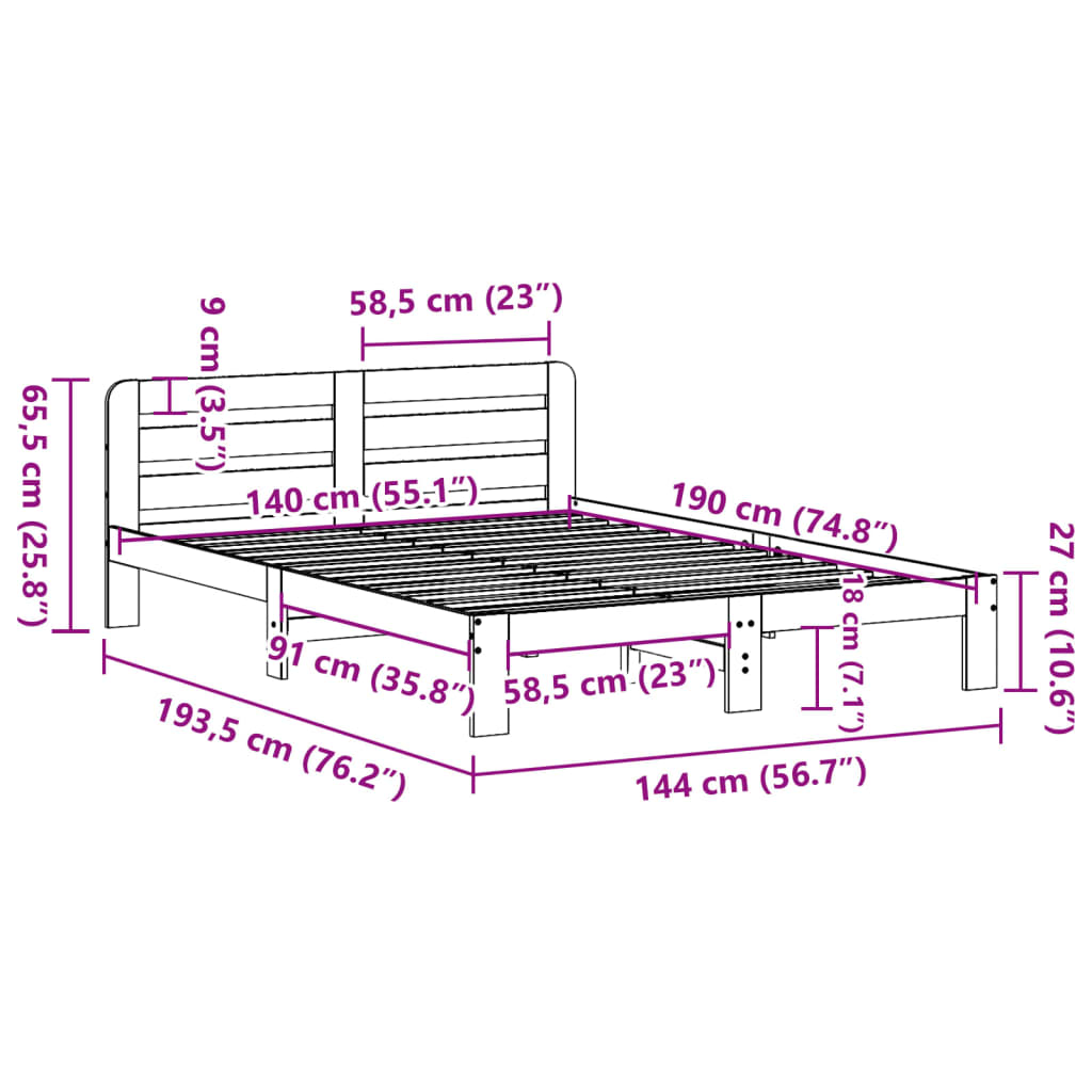 Letto senza Materasso Marrone Cera 140x190 cm in Legno di Pino | homemem39