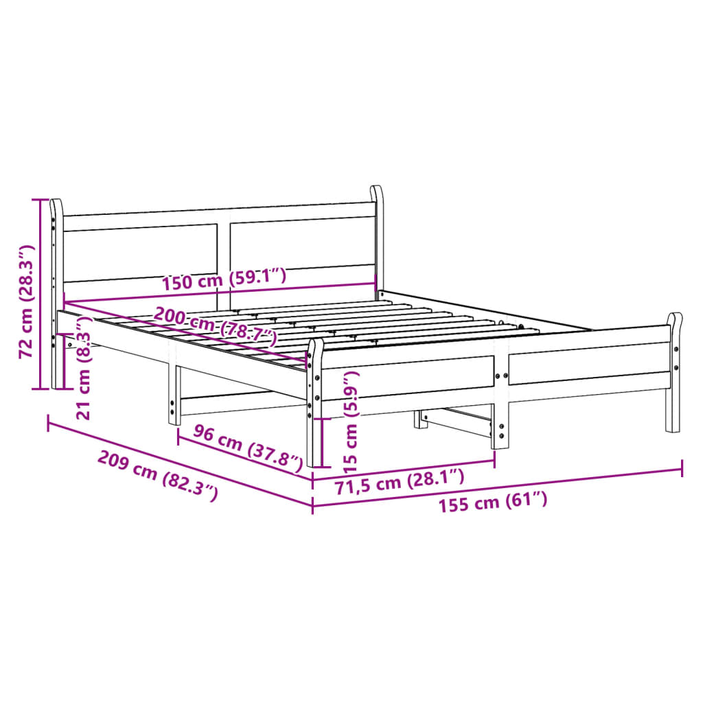 Letto senza Materasso Marrone Cera 150x200 cm in Legno di Pino | homemem39