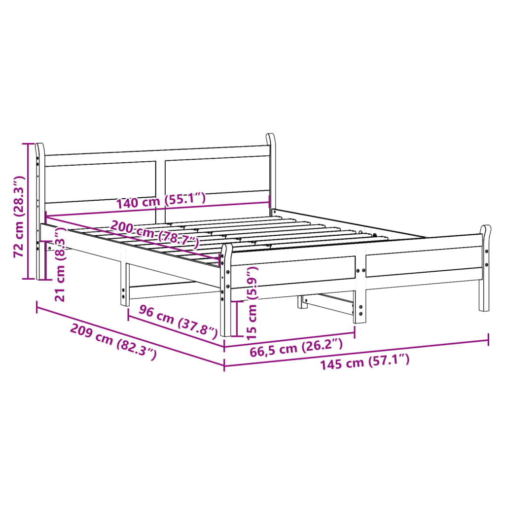 Letto senza Materasso 140x200 cm in Legno Massello di Pino | homemem39