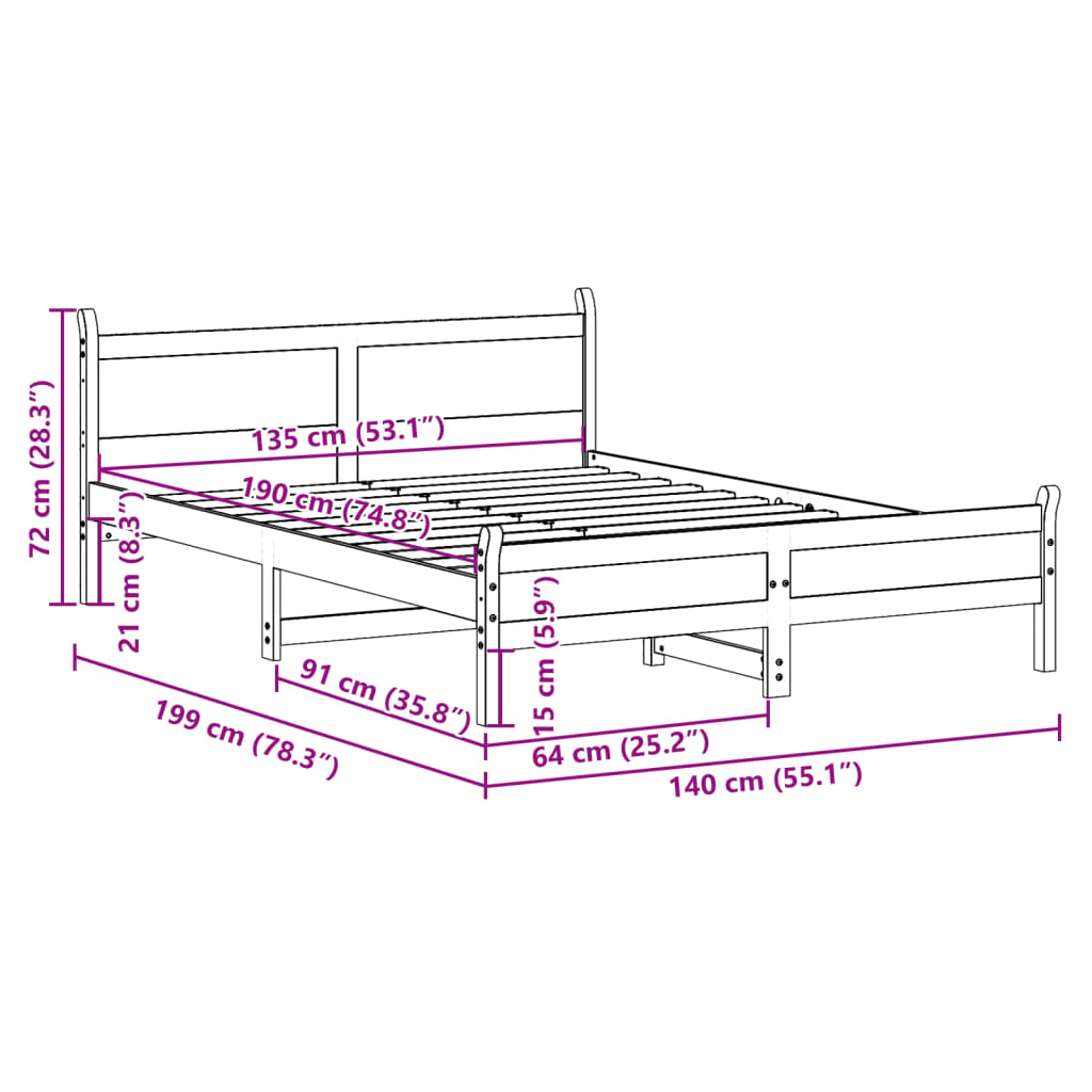 Letto senza Materasso 135x190 cm in Legno Massello di Pino | homemem39
