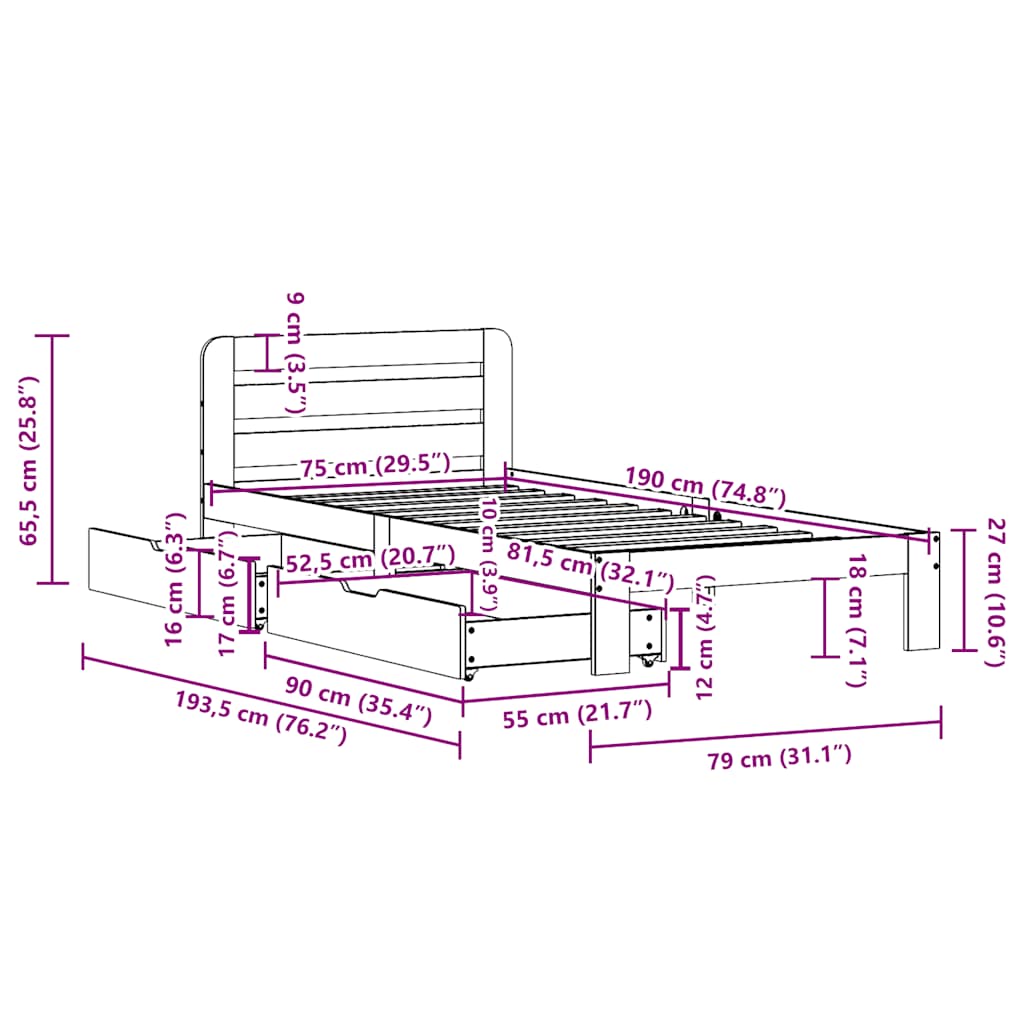 Letto senza Materasso Marrone Cera 75x190 cm in Legno di Pino