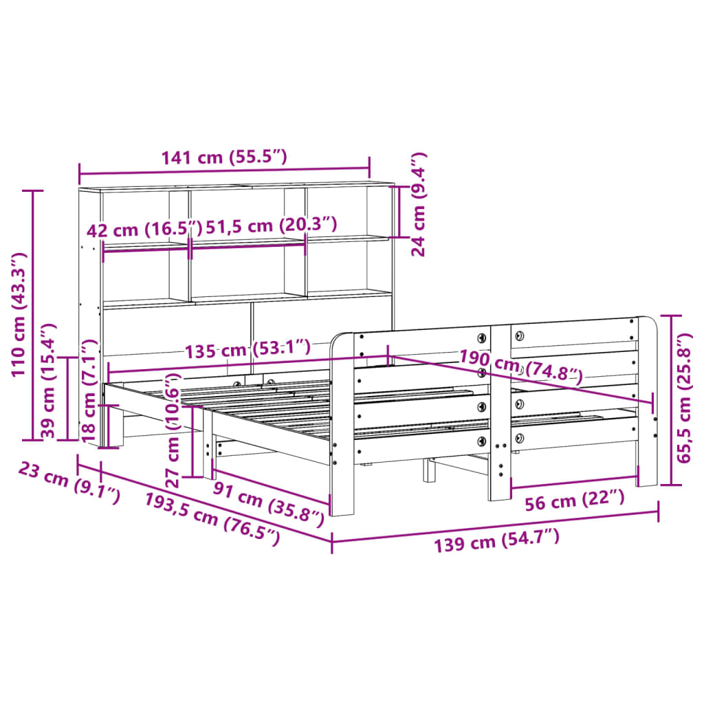 Letto senza Materasso Marrone Cera 135x190 cm in Legno di Pino | homemem39