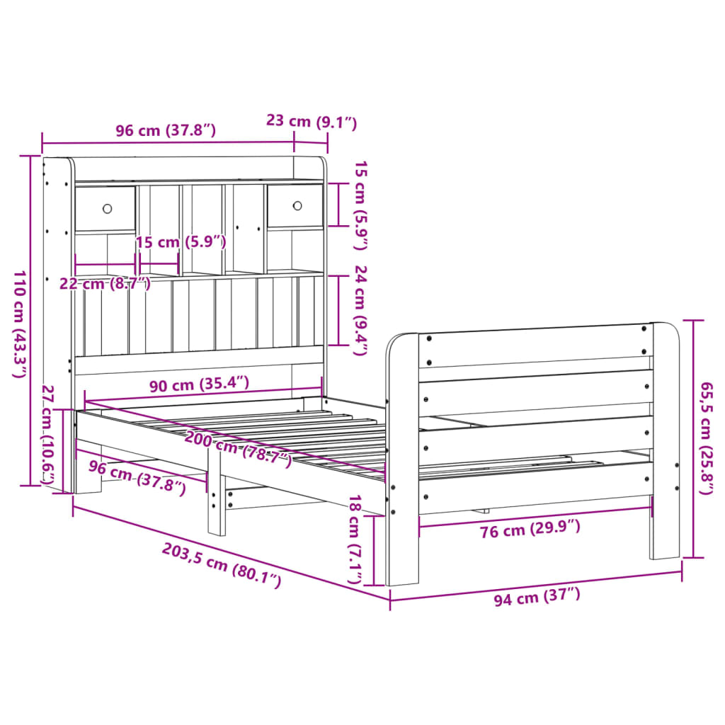 Letto Libreria senza Materasso 90x200 cm Legno Massello Pino | homemem39