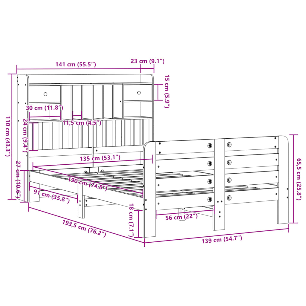 Letto Libreria senza Materasso Marrone Cera 135x190 cm in Pino | homemem39
