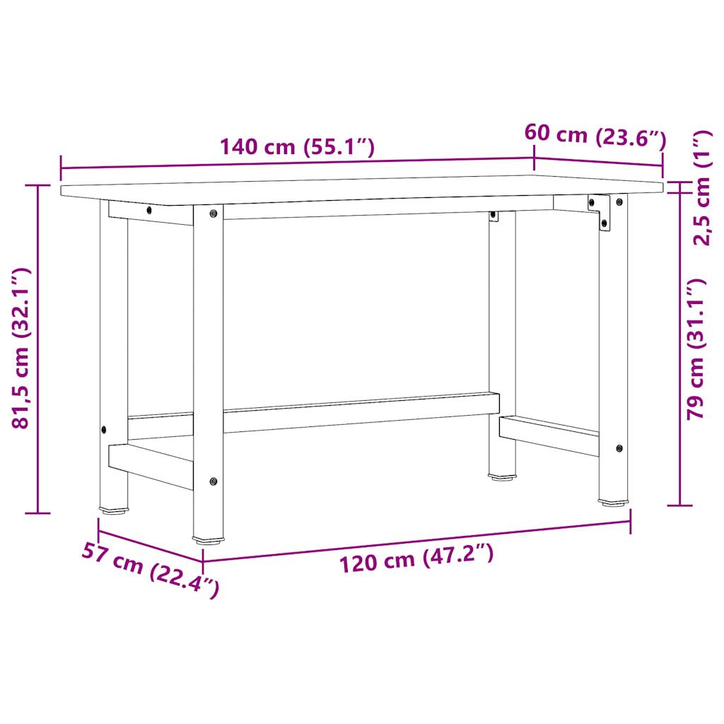 Banco Lavoro 140x60x81,5 cm Legno Massello Rovere | homemem39