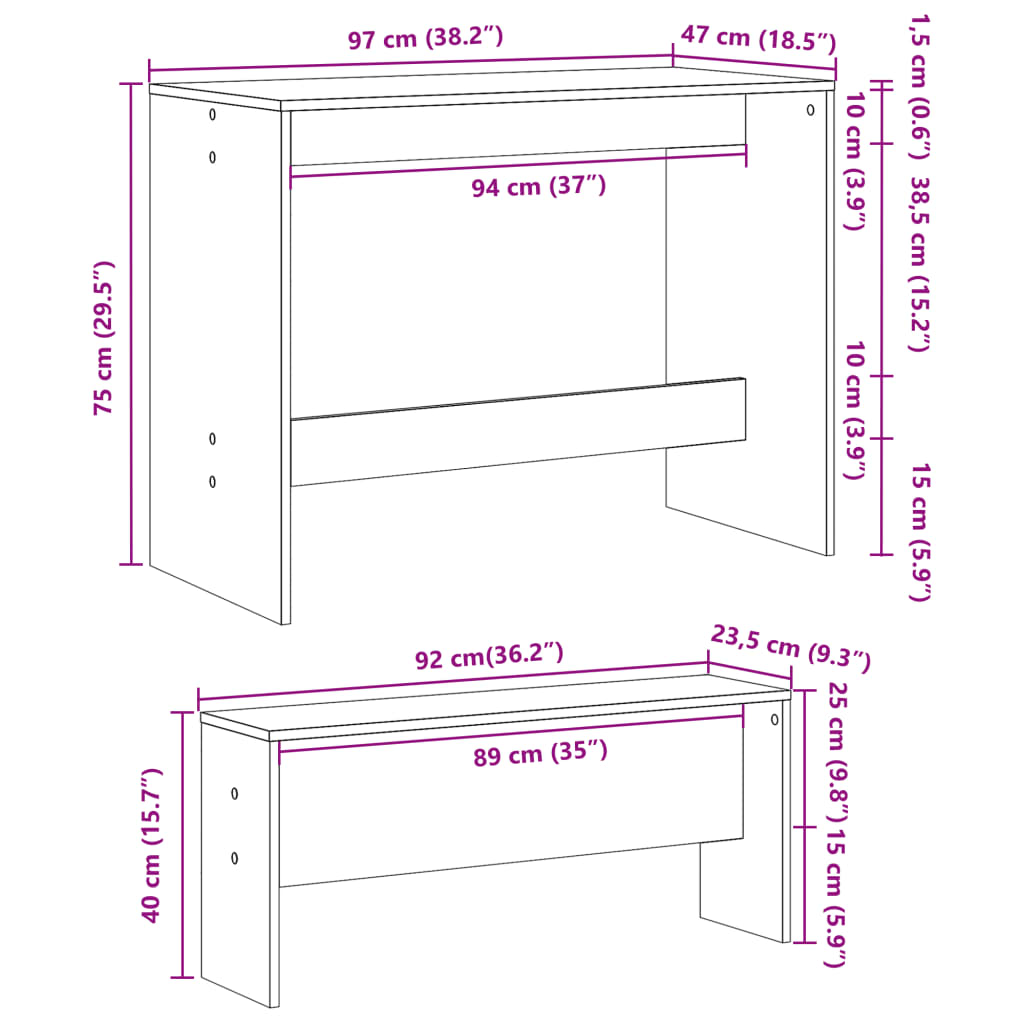 Set Tavolo da Pranzo e Panche 3 pz Grigio Cemento in Truciolato | homemem39