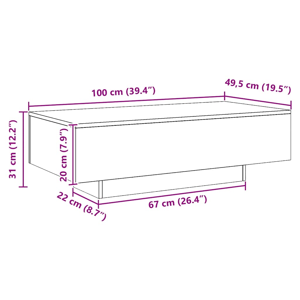 Tavolino Salotto Rovere Artigianale 100x49,5x31cm Multistrato