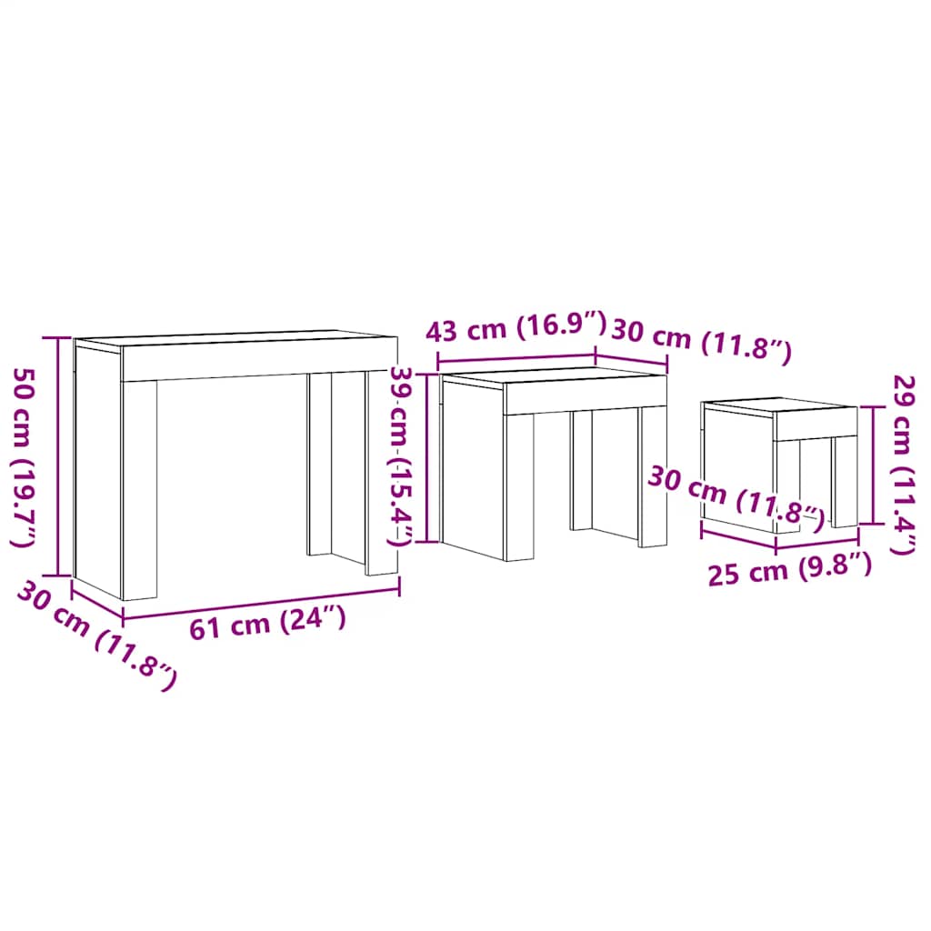 Tavolini Impilabili 3 pz Rovere Artigianale in Truciolato | homemem39