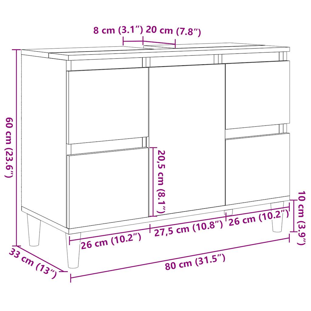Mobile Lavabo Grigio Cemento 80x33x60 cm in Legno Multistrato