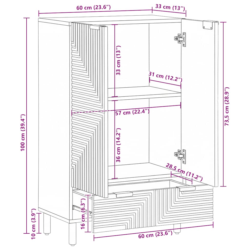 Credenza Marrone 60x33x100 cm in Legno Massello di Mango
