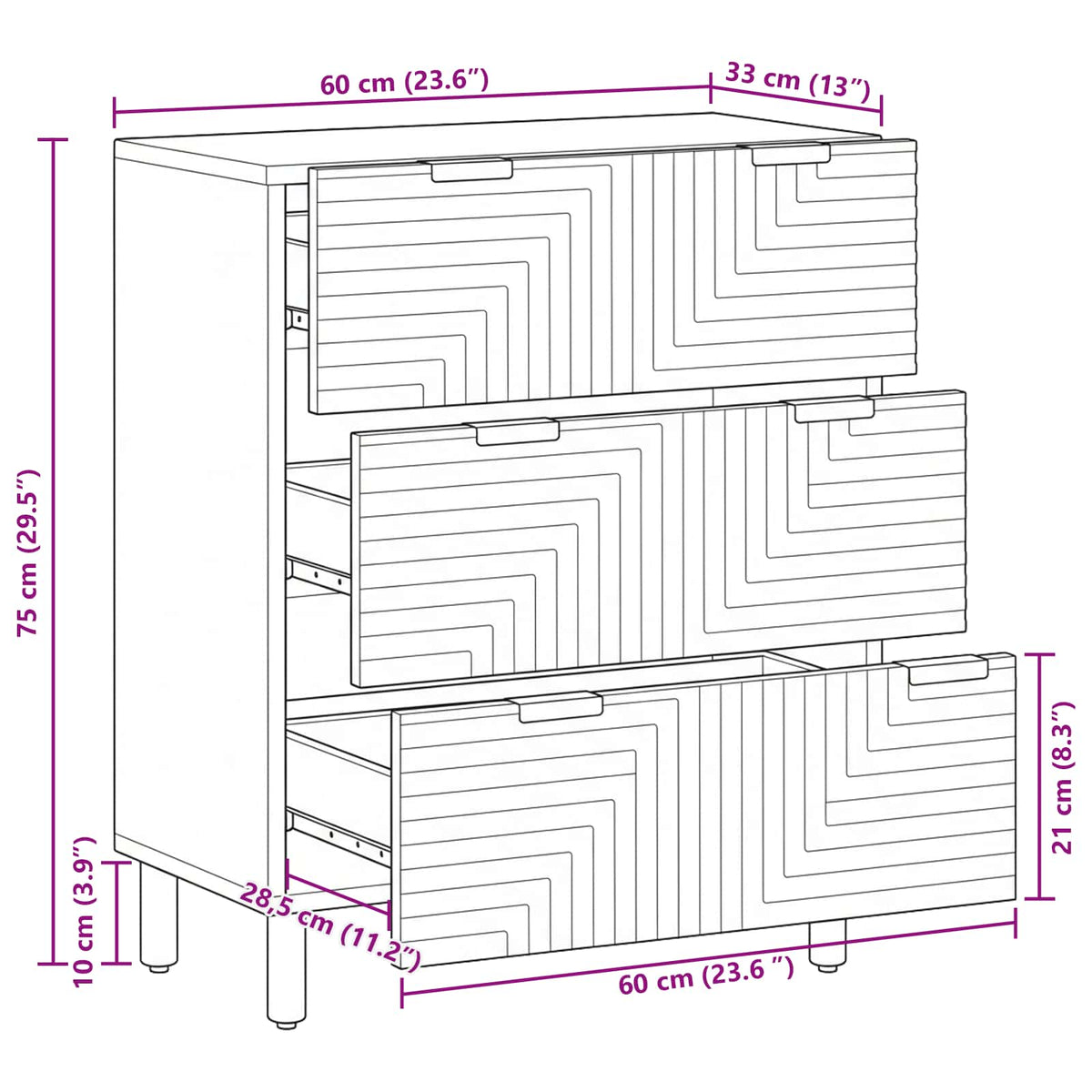 Credenza 60x33x75 cm in Legno Massello di Acacia