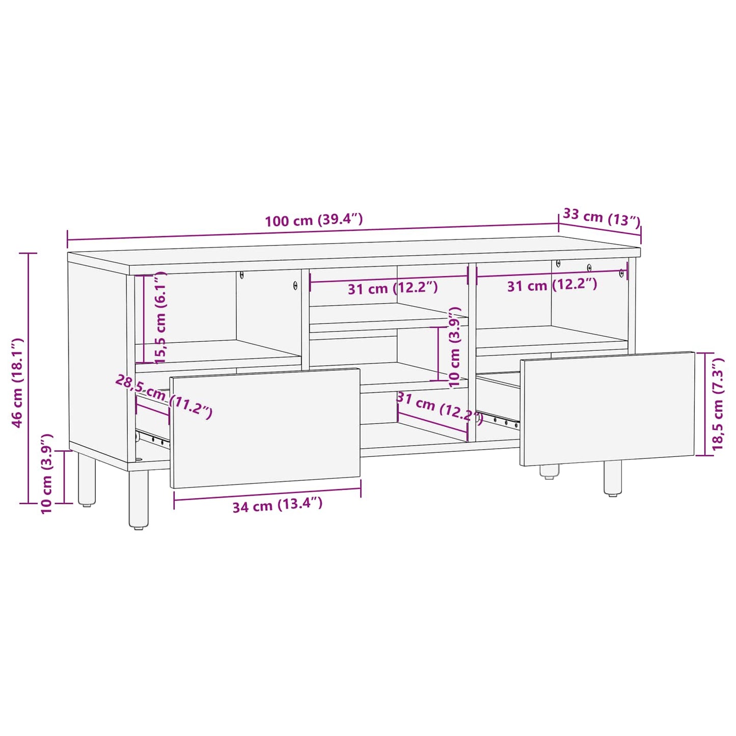 Mobile TV con cassetto Finitura Bianco Lavato 100 x 33 x 46 cm | homemem39