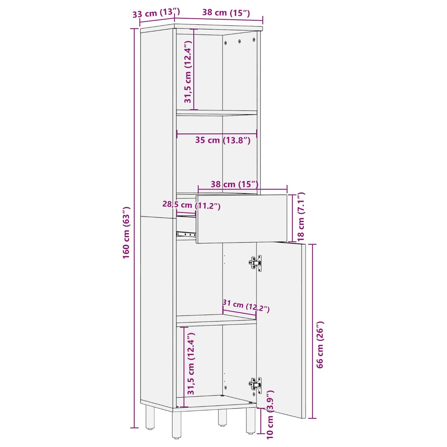 Mobile da Bagno con lo scaffale Nero e Bianco 38 x 33 x 160 cm | homemem39
