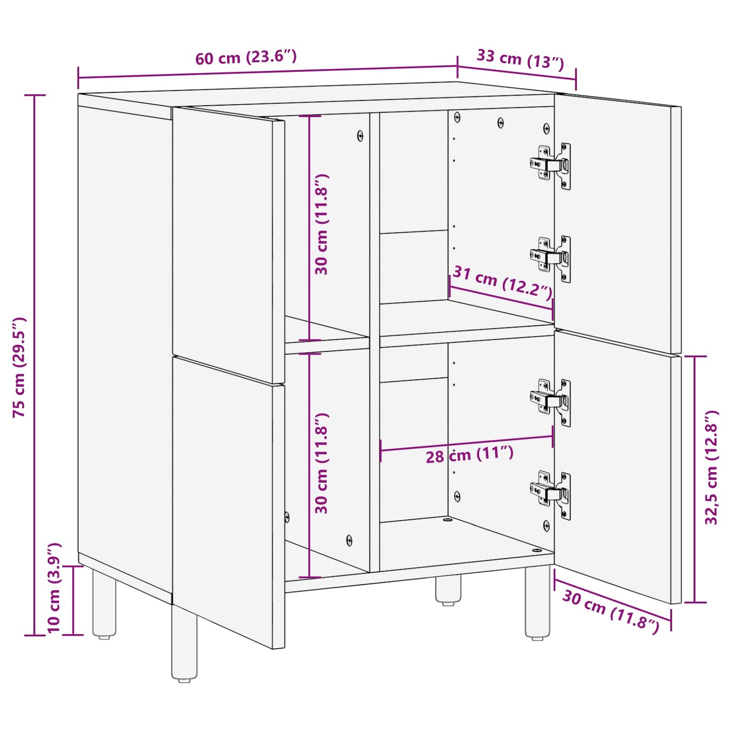 Credenza con porta Finitura Bianco Lavato 60 x 33 x 75 cm